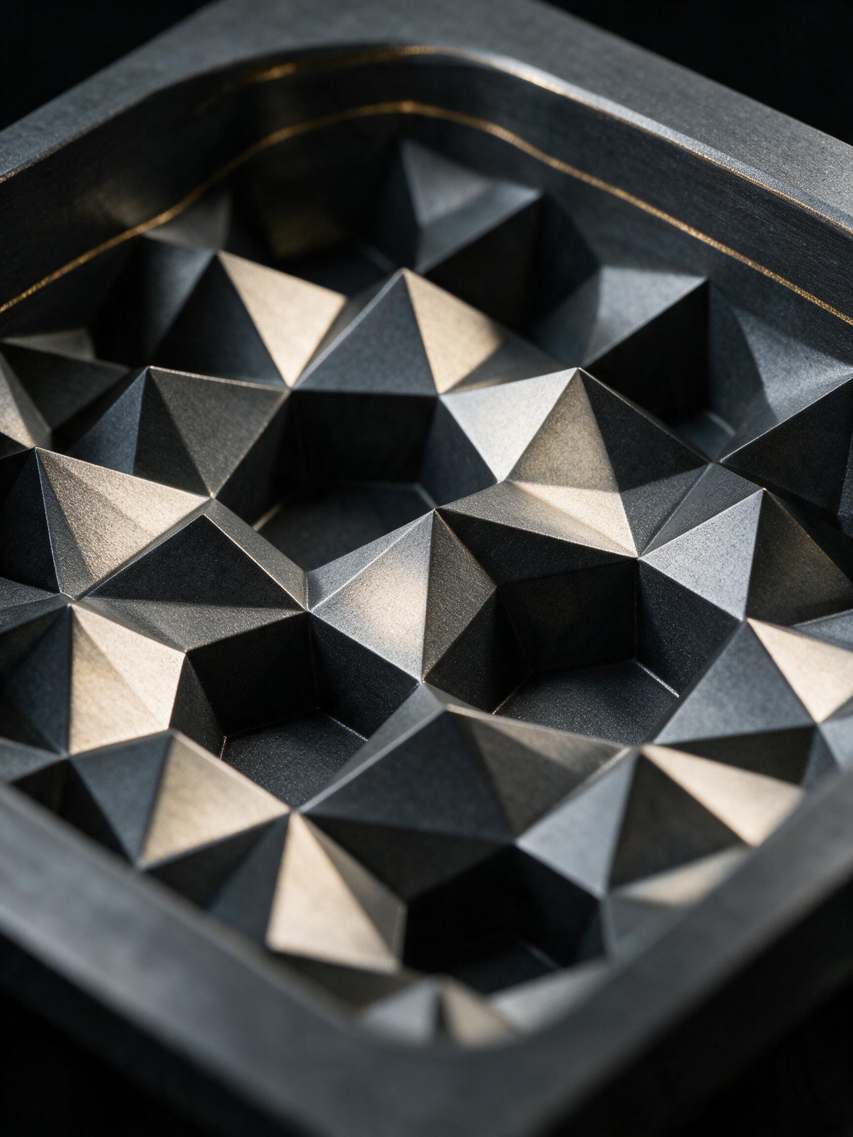 Macro detail of the faceted cavities inside the PASSEGUE N°001 mold, gold rim tracing the edge
