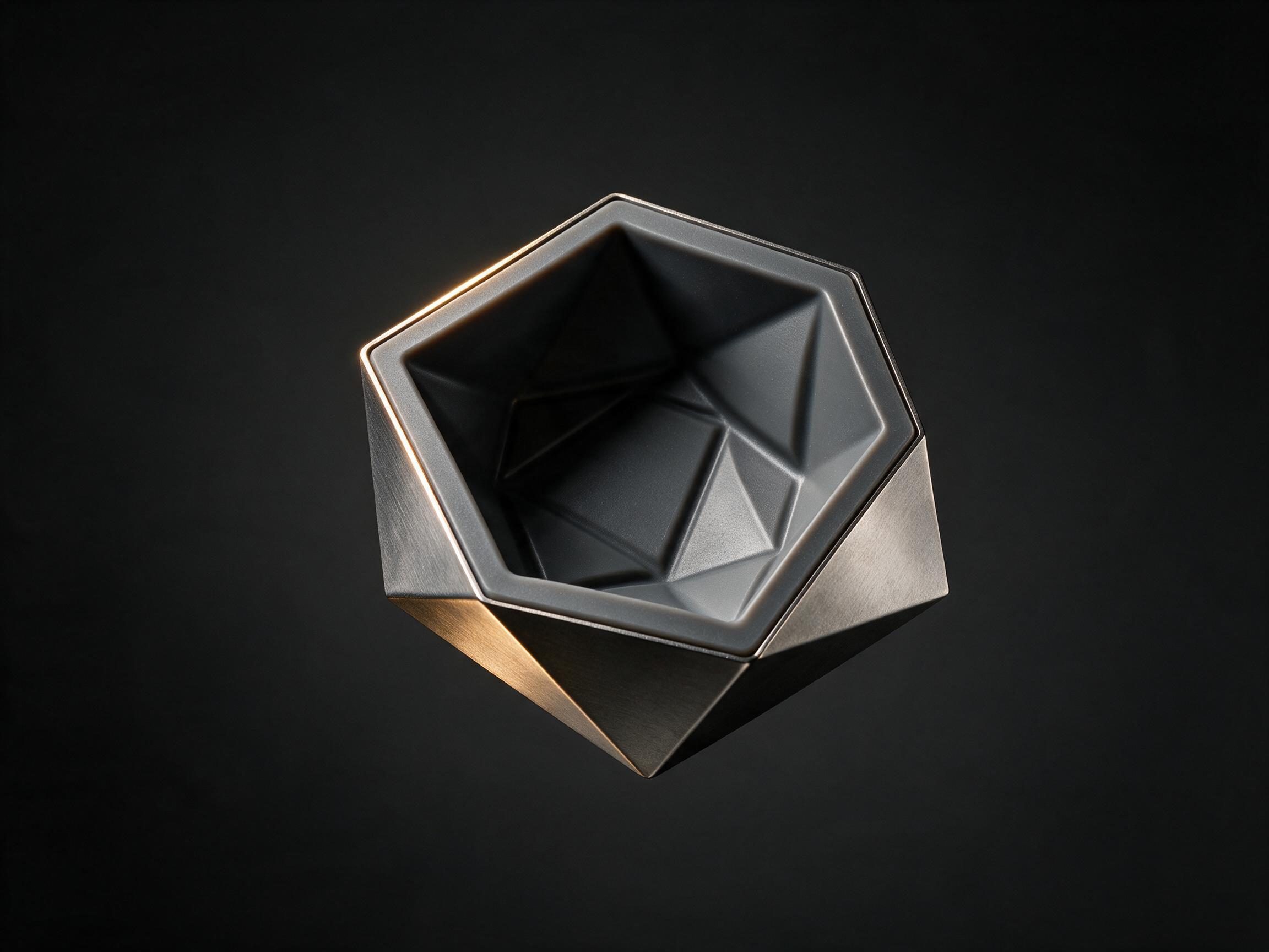 A faceted graphite pastry mold lit by a single source, its gold rim catching the light